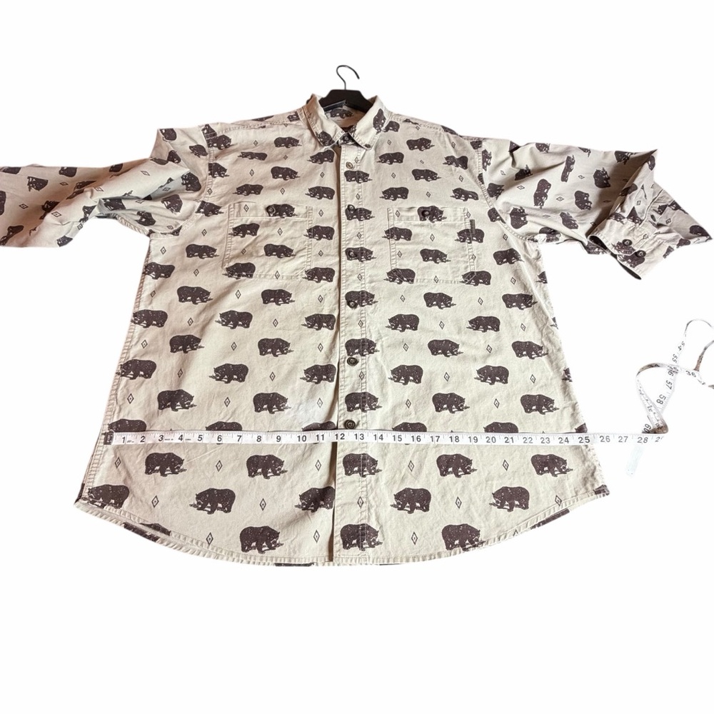 WOOLRICH KHAKI BEAR PRINT MEN’S COTTON BUTTON-DOWN SHIRT SIZE LARGE - Picture 7 of 11
